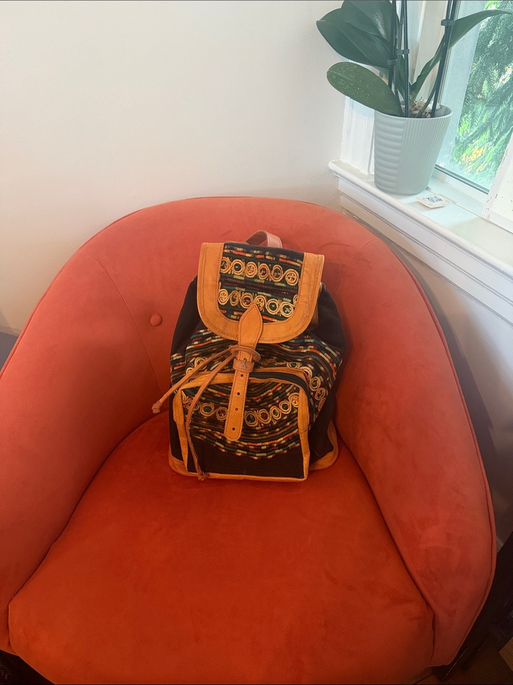 Embroidered Black Fabric Backpack with Tan Trim